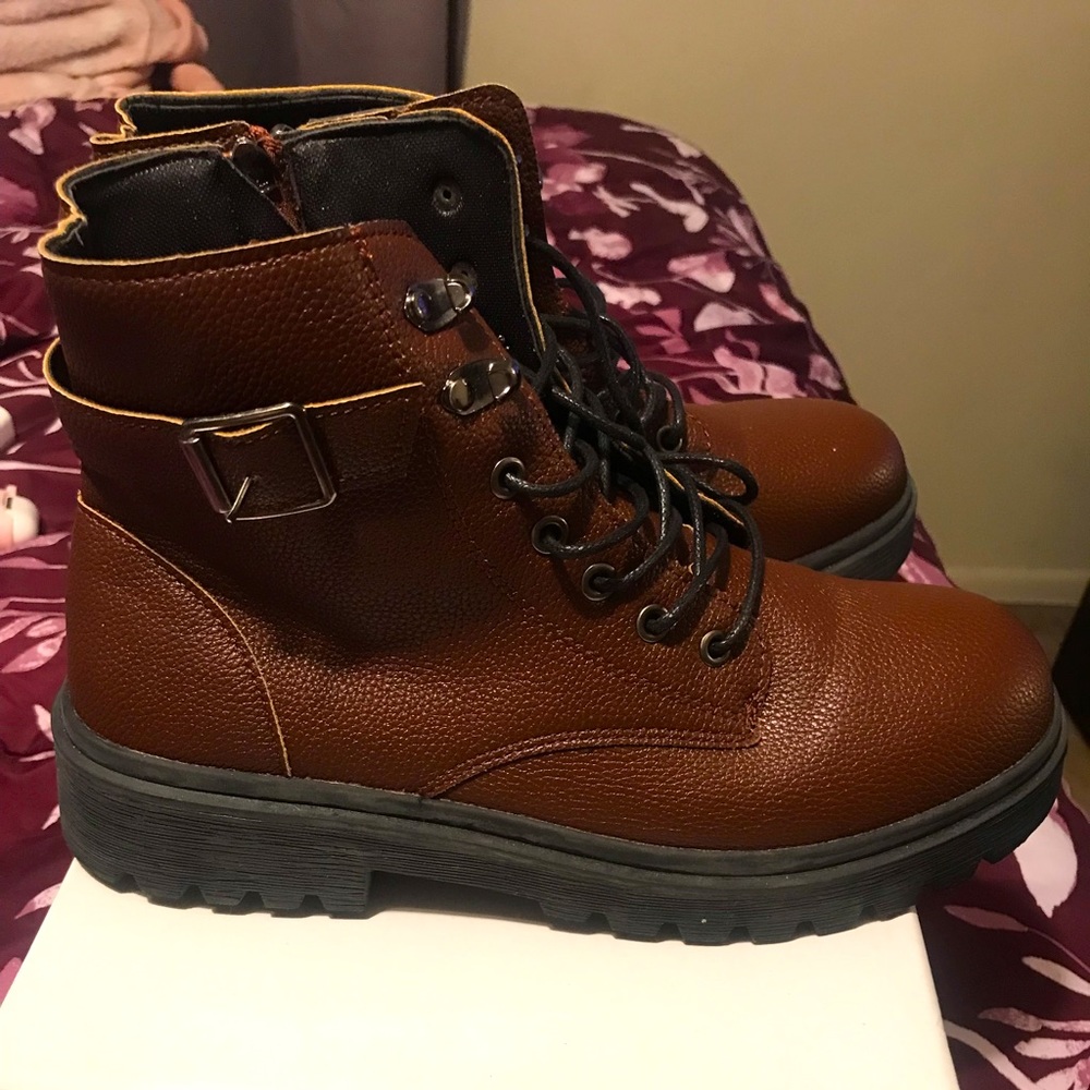 Shein chocolate brown side zipper combat boots